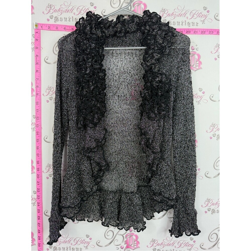 SHARANEL Women's Metallic Ruffle Open-Front Sweater Cardigan - Black/Silver